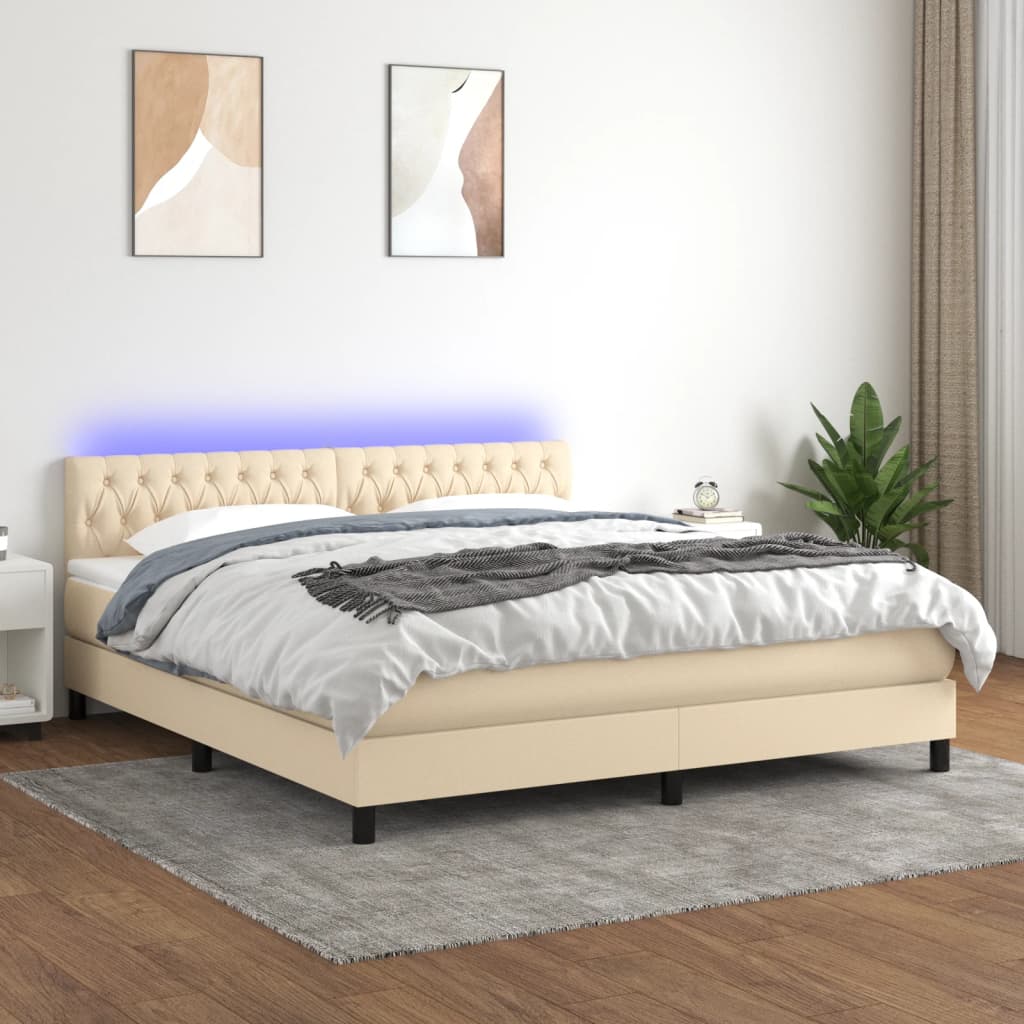 Pat cu arcuri, saltea și LED, crem, 160x200 cm, textil GartenMobel Dekor