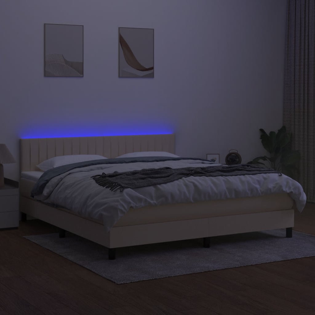 Pat cu arcuri, saltea și LED, crem, 180x200 cm, textil GartenMobel Dekor
