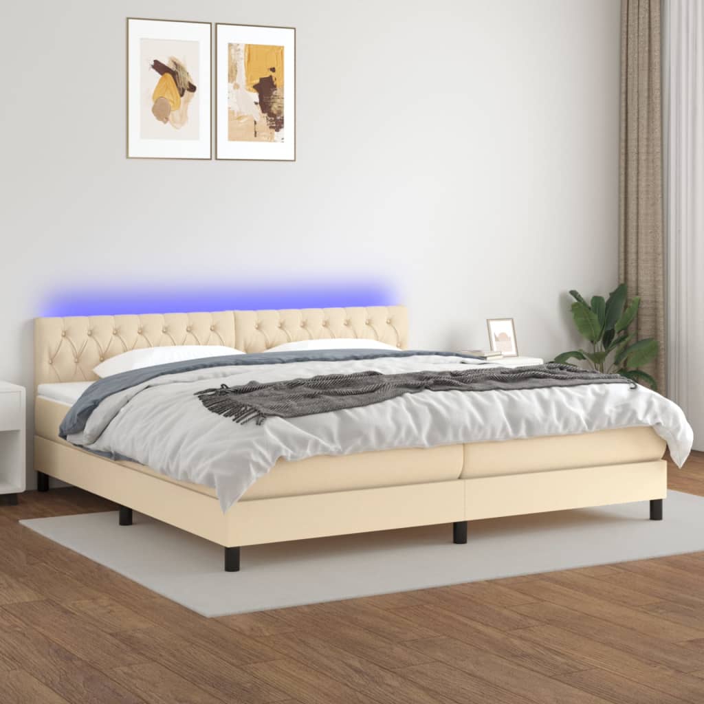 Pat cu arcuri, saltea și LED, crem, 200x200 cm, textil GartenMobel Dekor