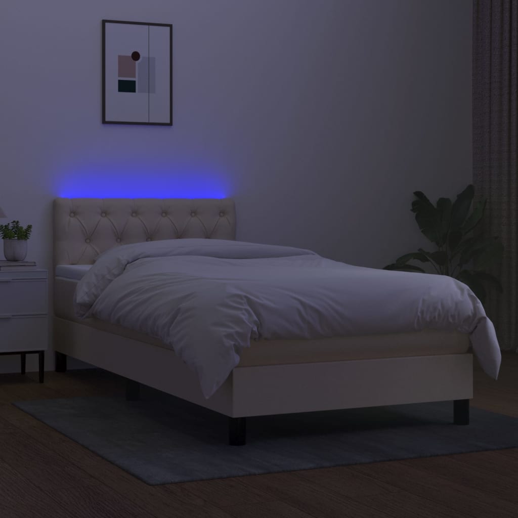 Pat cu arcuri, saltea și LED, crem, 80x200 cm, textil GartenMobel Dekor