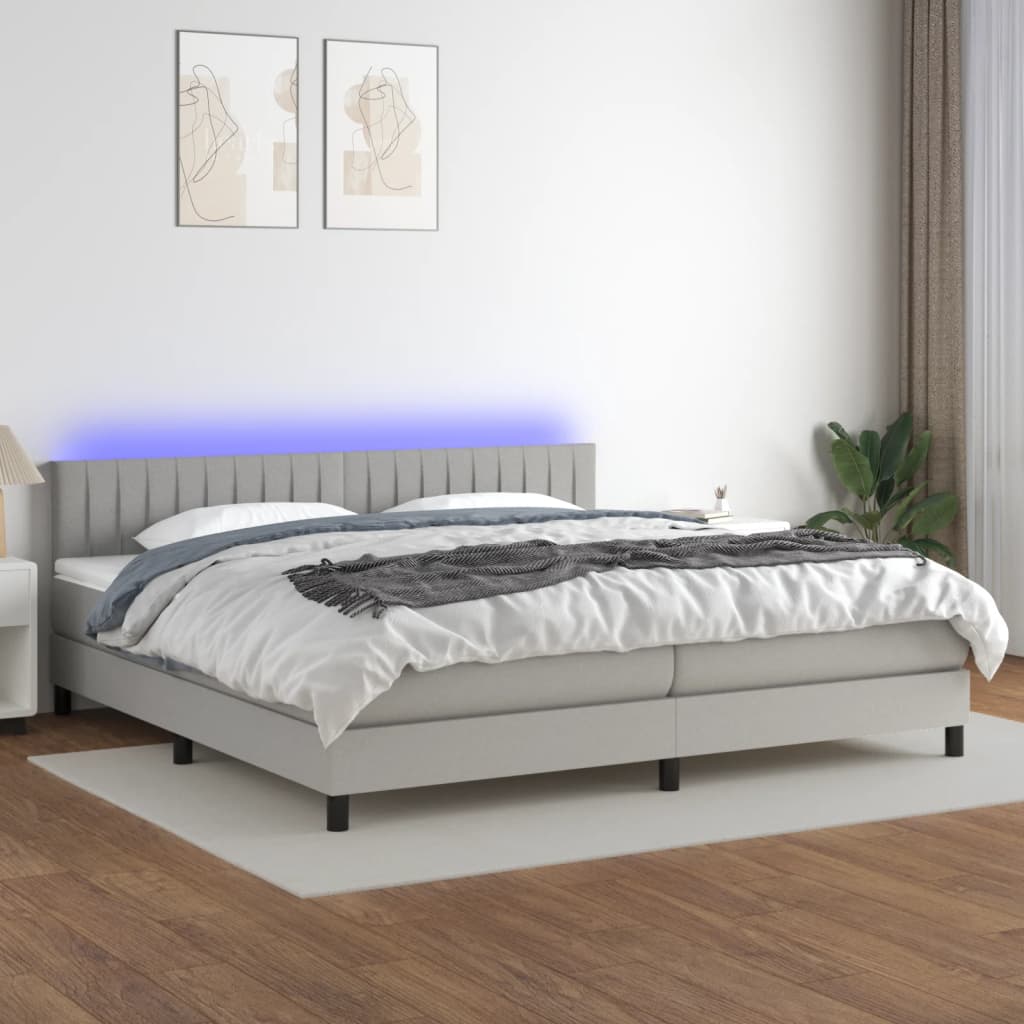 Pat cu arcuri, saltea și LED, gri deschis, 200x200 cm, textil GartenMobel Dekor