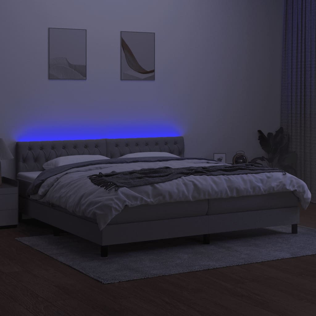 Pat cu arcuri, saltea și LED, gri deschis, 200x200 cm, textil GartenMobel Dekor