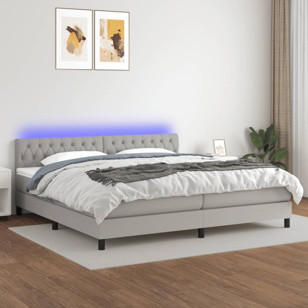 Pat cu arcuri, saltea și LED, gri deschis, 200x200 cm, textil GartenMobel Dekor