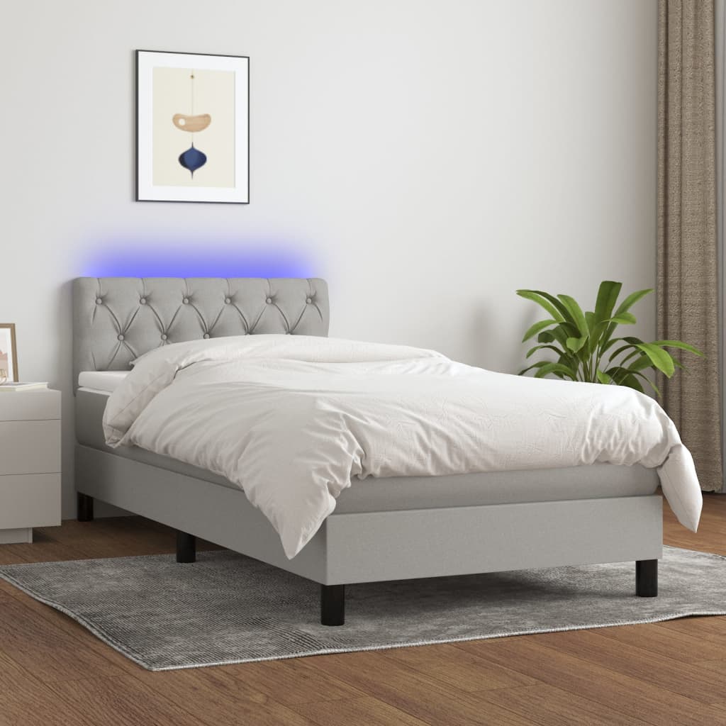 Pat cu arcuri, saltea și LED, gri deschis, 80x200 cm, textil GartenMobel Dekor