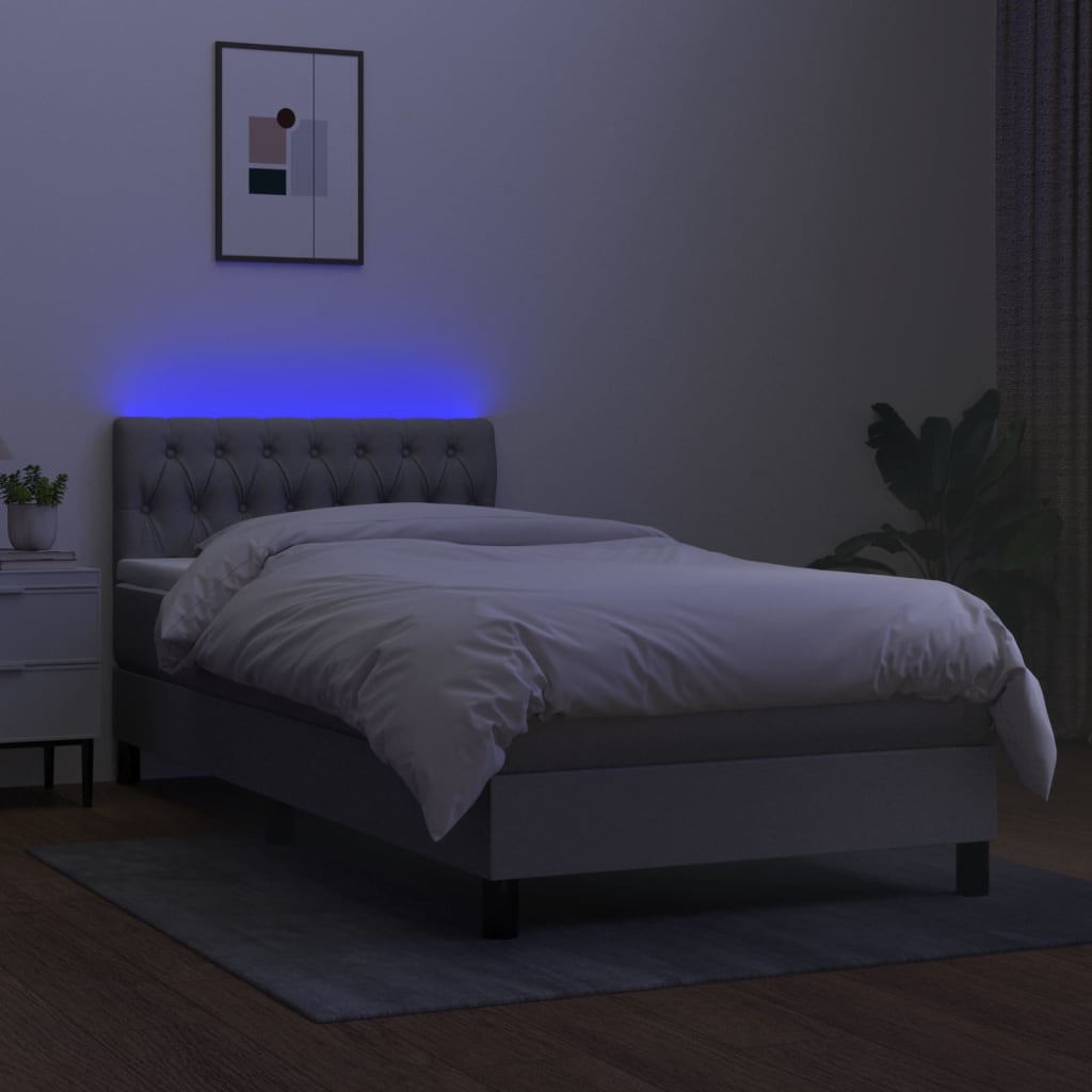 Pat cu arcuri, saltea și LED, gri deschis, 90x200 cm, textil GartenMobel Dekor
