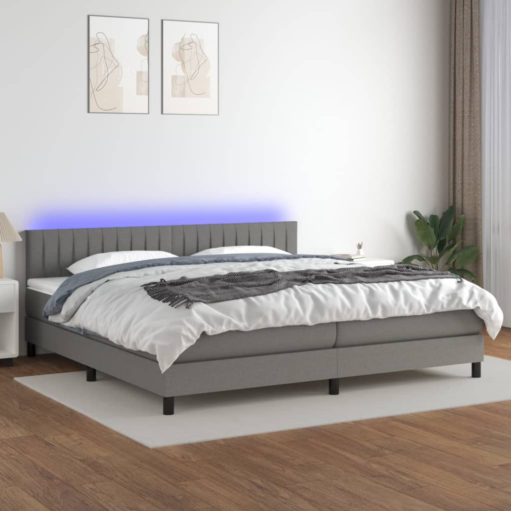 Pat cu arcuri, saltea și LED, gri închis, 200x200 cm, textil GartenMobel Dekor