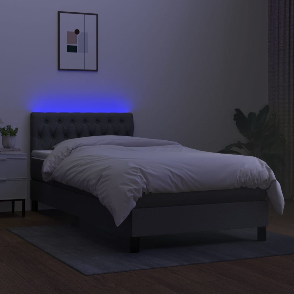 Pat cu arcuri, saltea și LED, gri închis, 90x190 cm, textil GartenMobel Dekor