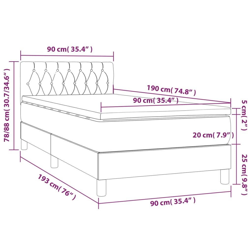 Pat cu arcuri, saltea și LED, gri închis, 90x190 cm, textil GartenMobel Dekor