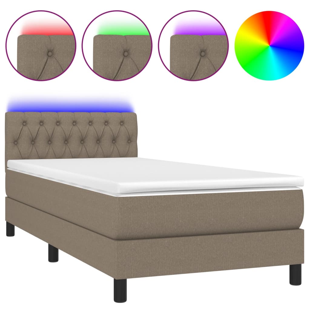 Pat cu arcuri, saltea și LED, gri taupe, 90x190 cm, textil GartenMobel Dekor