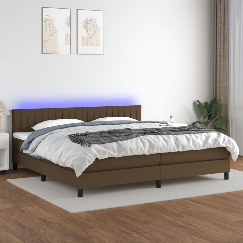 Pat cu arcuri, saltea și LED, maro închis, 200x200 cm, textil GartenMobel Dekor