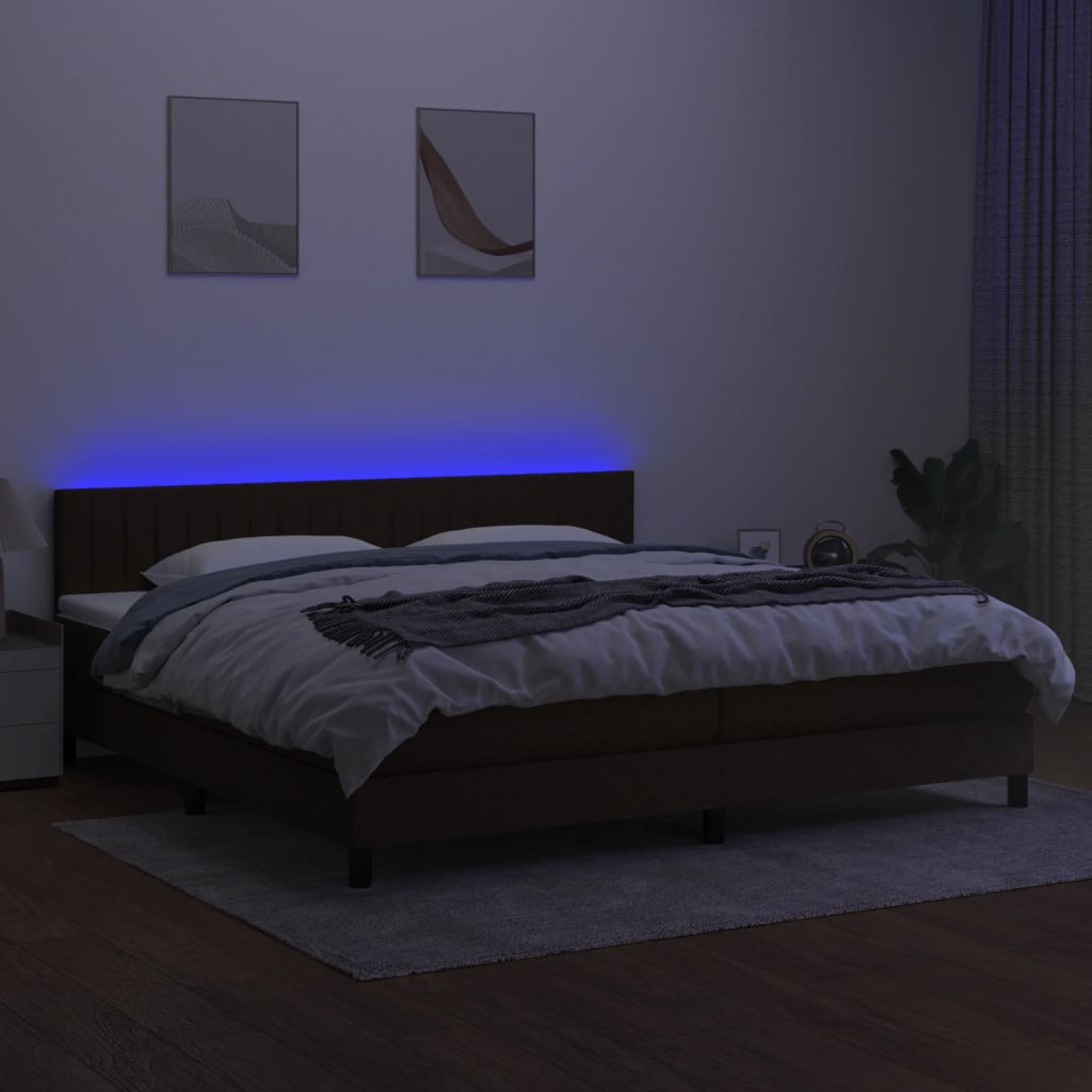 Pat cu arcuri, saltea și LED, maro închis, 200x200 cm, textil GartenMobel Dekor