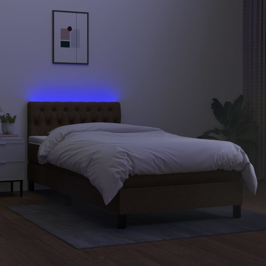 Pat cu arcuri, saltea și LED, maro închis, 90x190 cm, textil GartenMobel Dekor