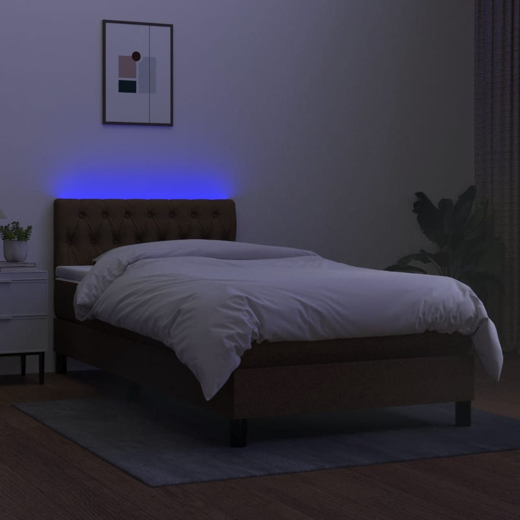 Pat cu arcuri, saltea și LED, maro închis, 90x200 cm, textil GartenMobel Dekor