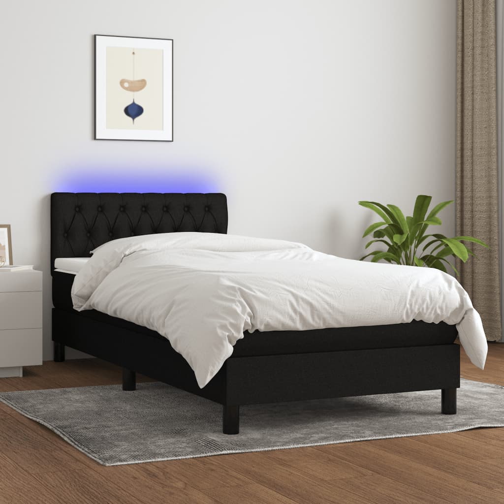 Pat cu arcuri, saltea și LED, negru, 100x200 cm, textil GartenMobel Dekor