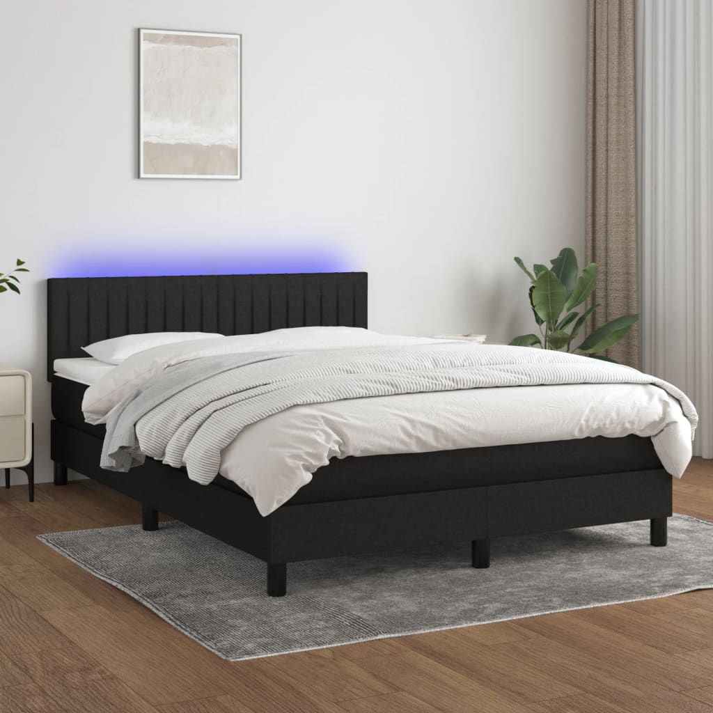 Pat cu arcuri, saltea și LED, negru, 140x200 cm, textil GartenMobel Dekor