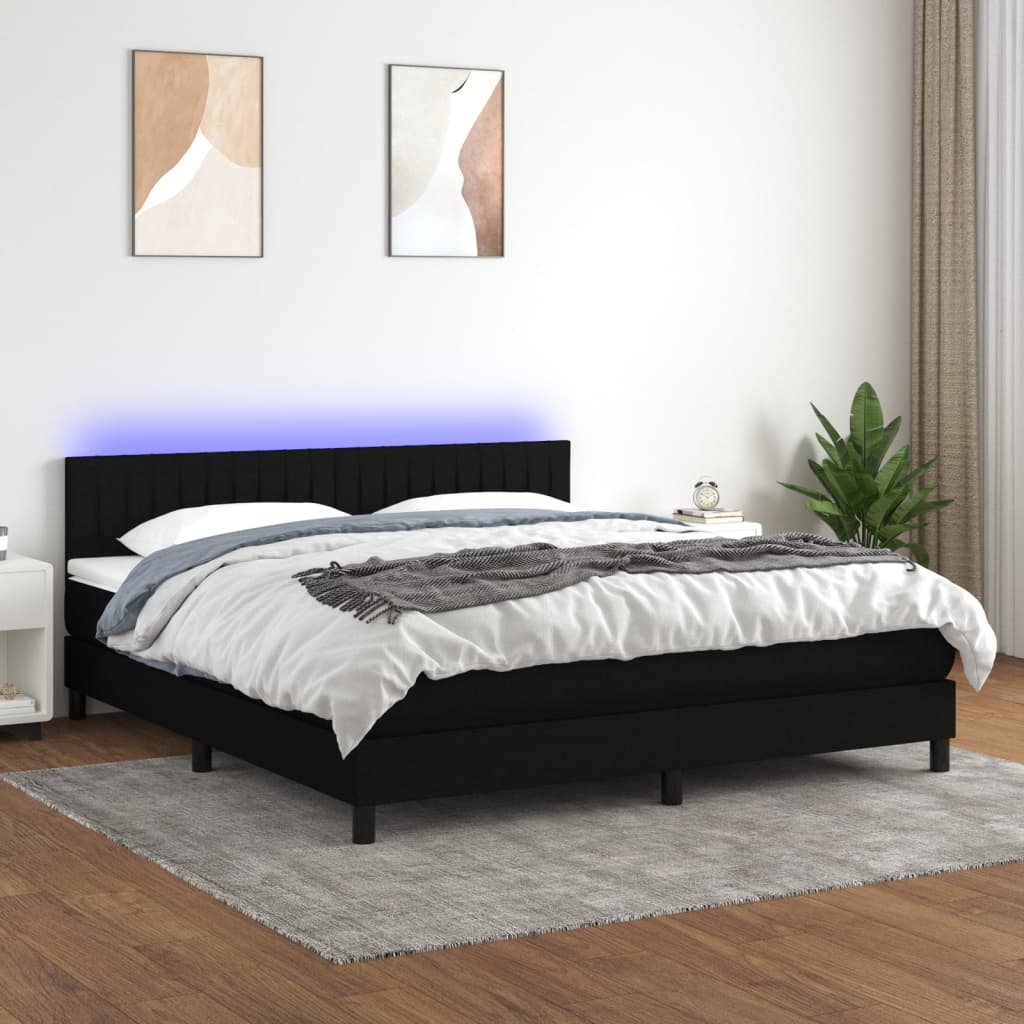 Pat cu arcuri, saltea și LED, negru, 160x200 cm, textil GartenMobel Dekor
