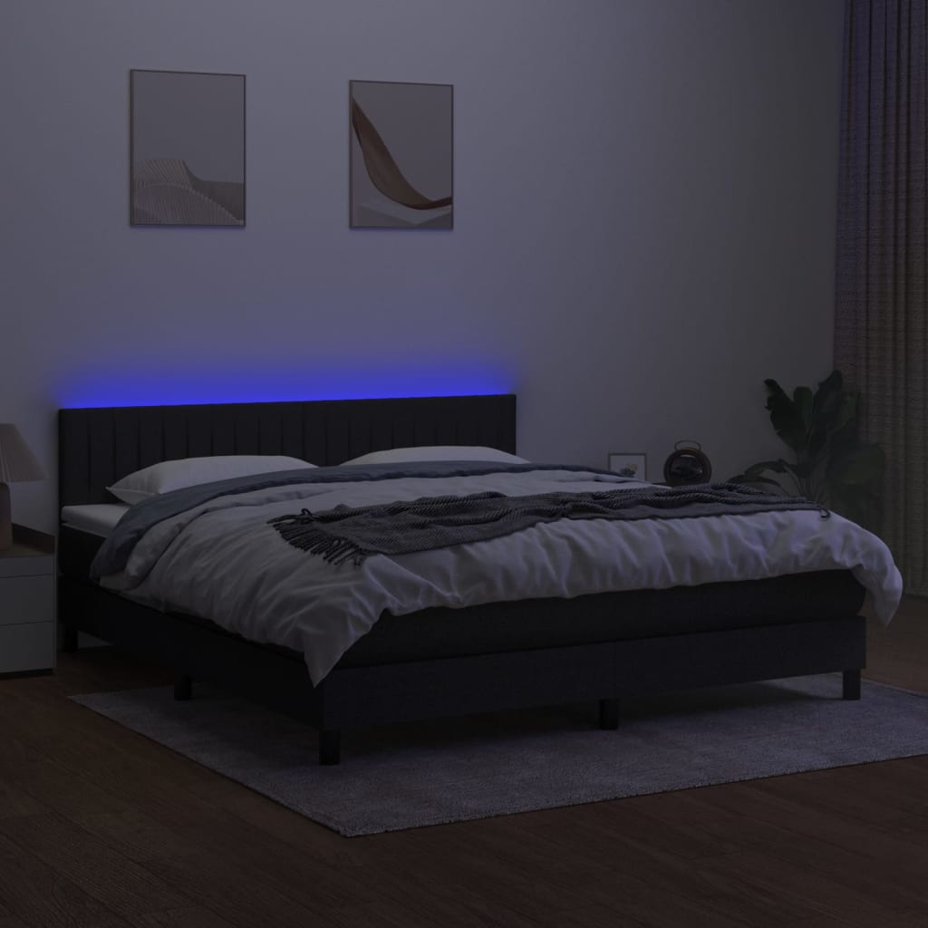 Pat cu arcuri, saltea și LED, negru, 180x200 cm, textil GartenMobel Dekor