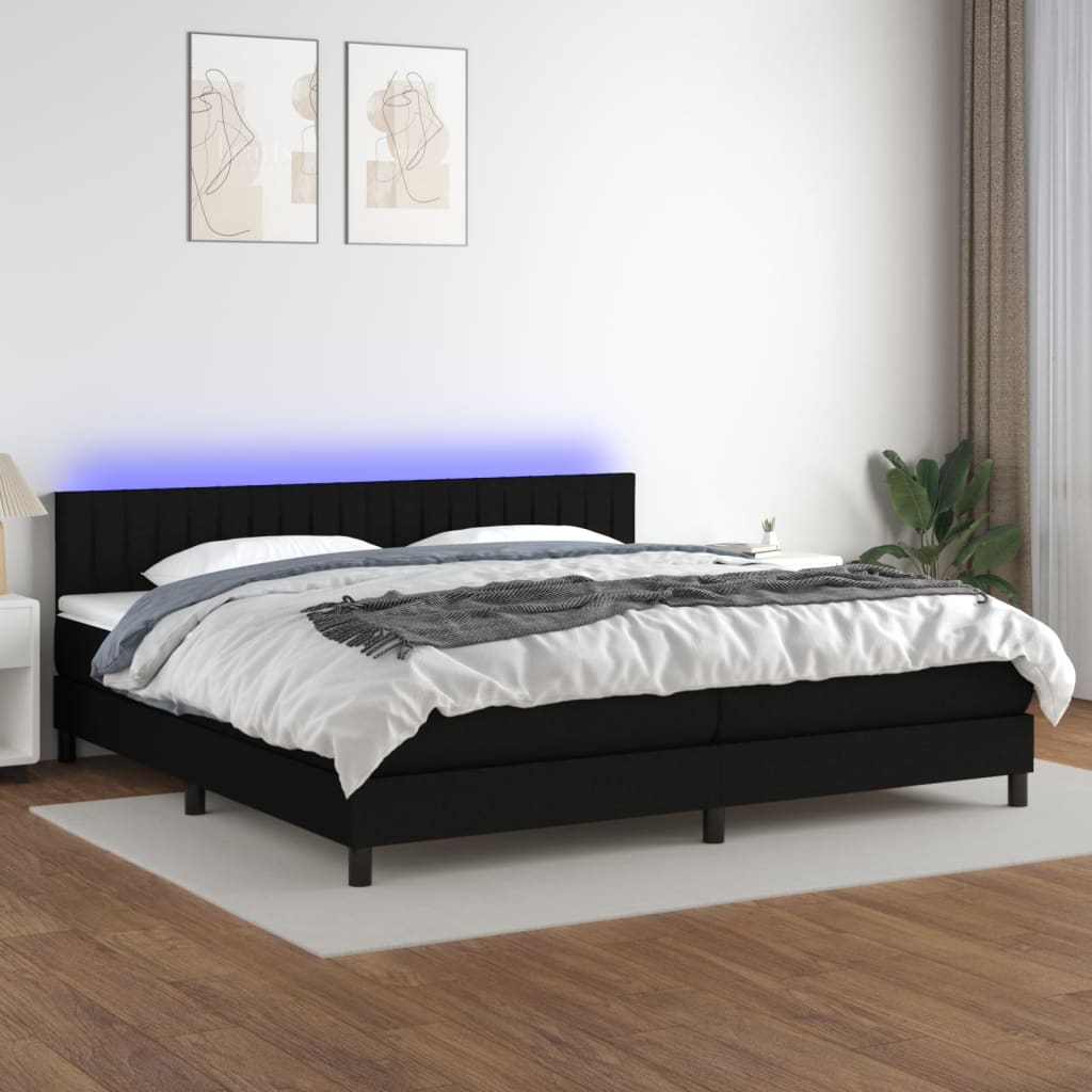 Pat cu arcuri, saltea și LED, negru, 200x200 cm, textil GartenMobel Dekor