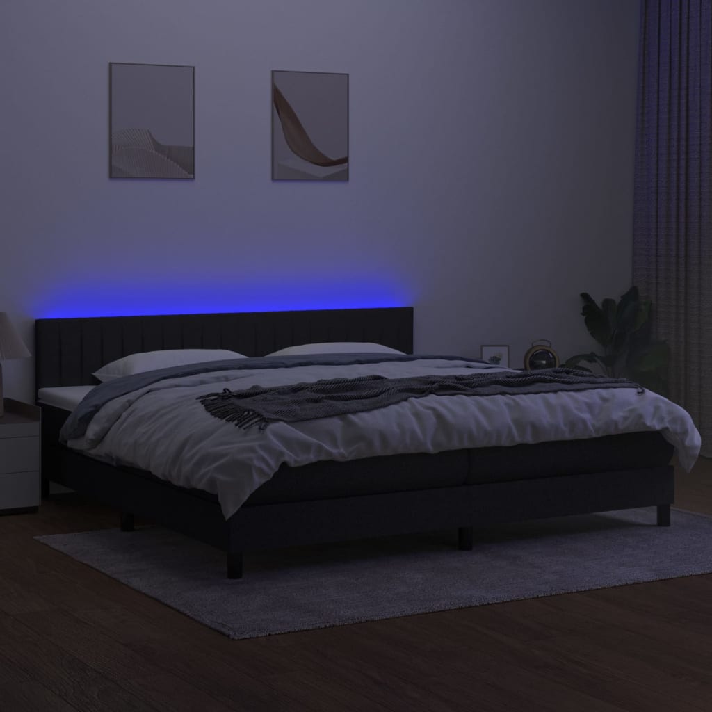 Pat cu arcuri, saltea și LED, negru, 200x200 cm, textil GartenMobel Dekor