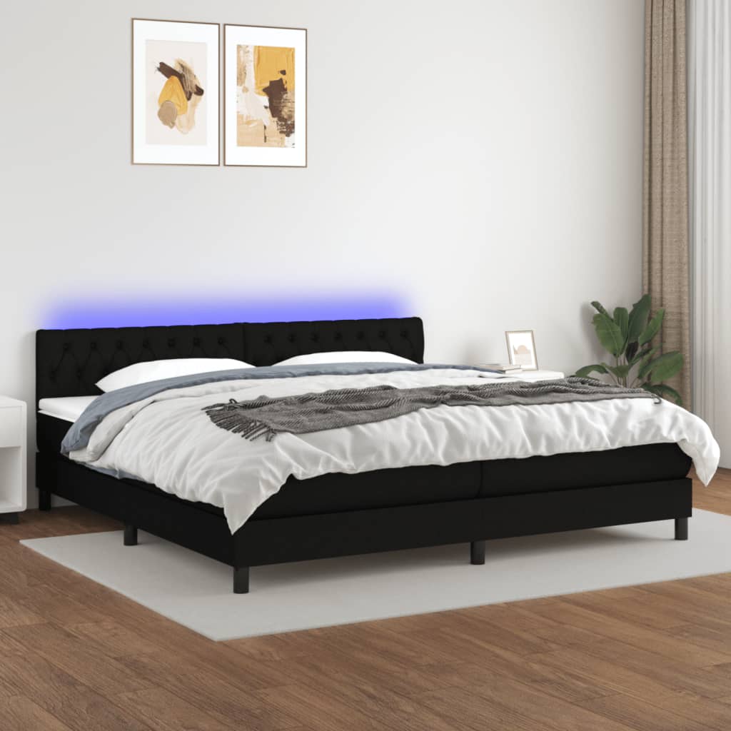 Pat cu arcuri, saltea și LED, negru, 200x200 cm, textil GartenMobel Dekor
