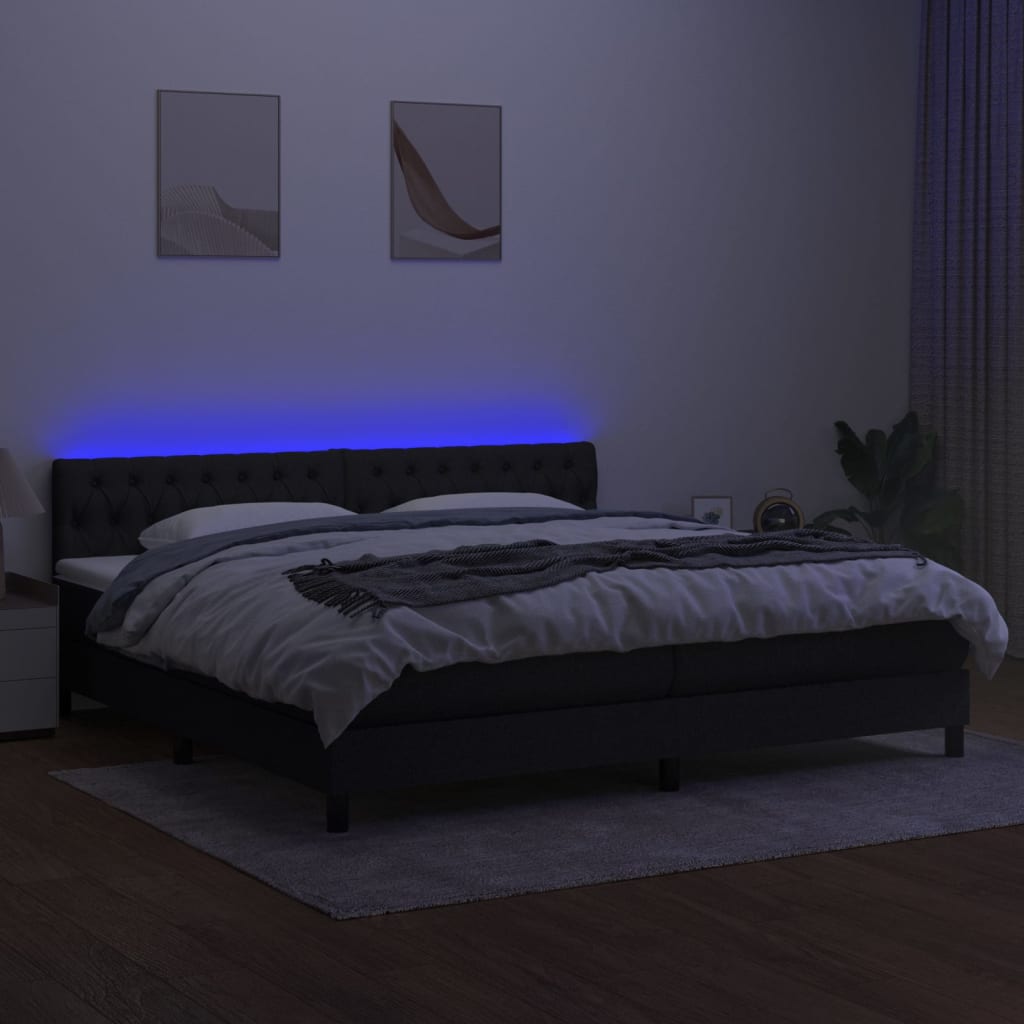 Pat cu arcuri, saltea și LED, negru, 200x200 cm, textil GartenMobel Dekor