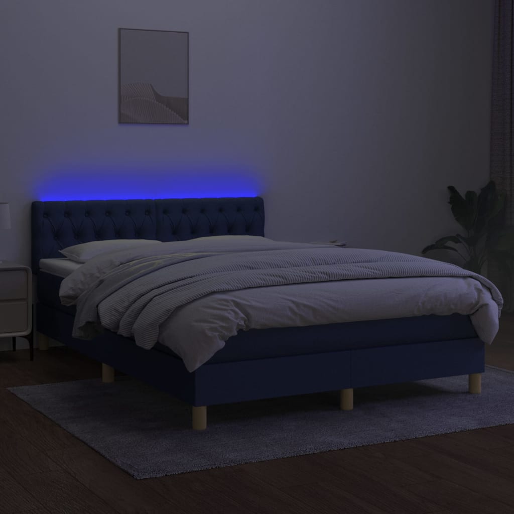 Pat cu arcuri, saltea și LED, albastru, 140x190 cm, textil GartenMobel Dekor