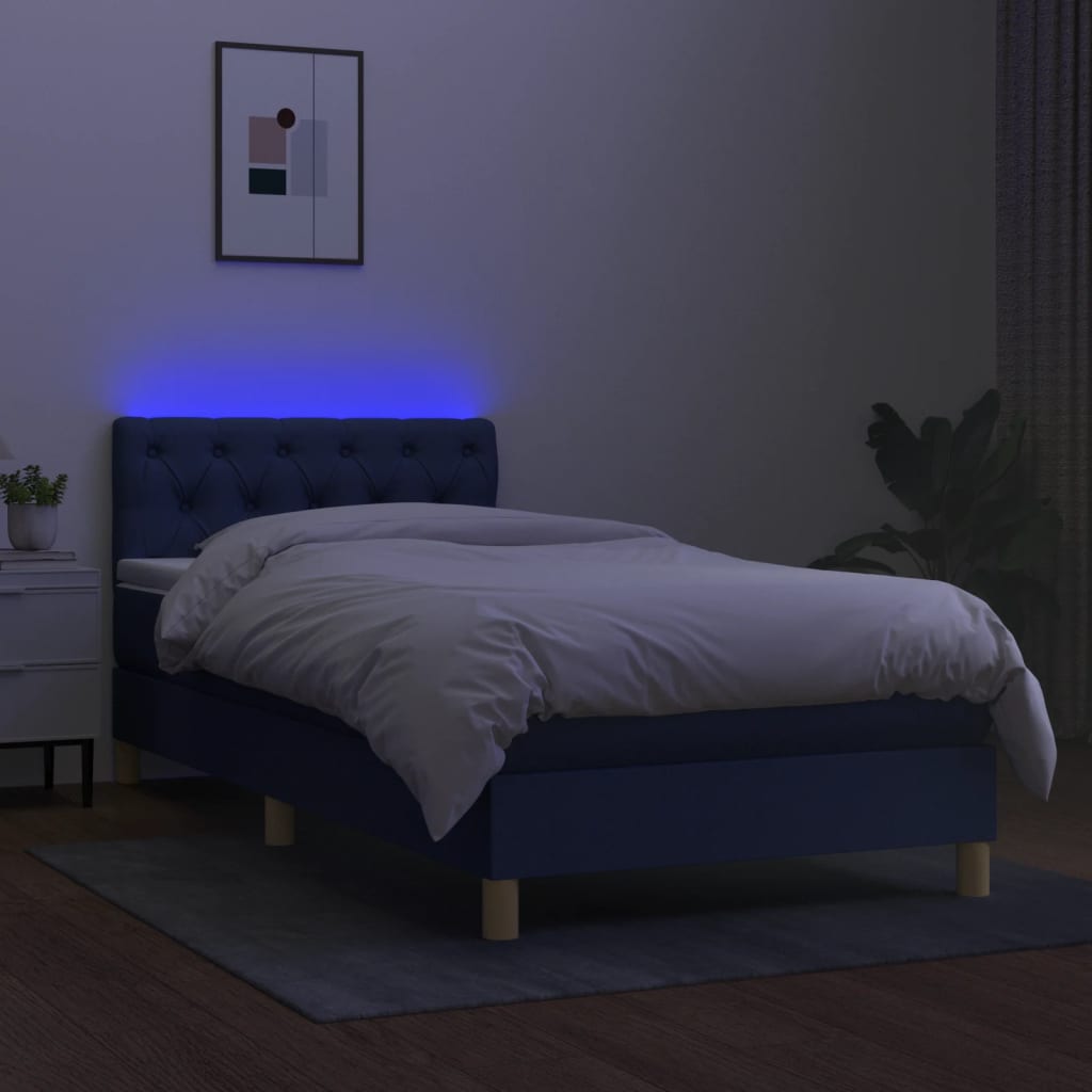 Pat cu arcuri, saltea și LED, albastru, 80x200 cm, textil GartenMobel Dekor