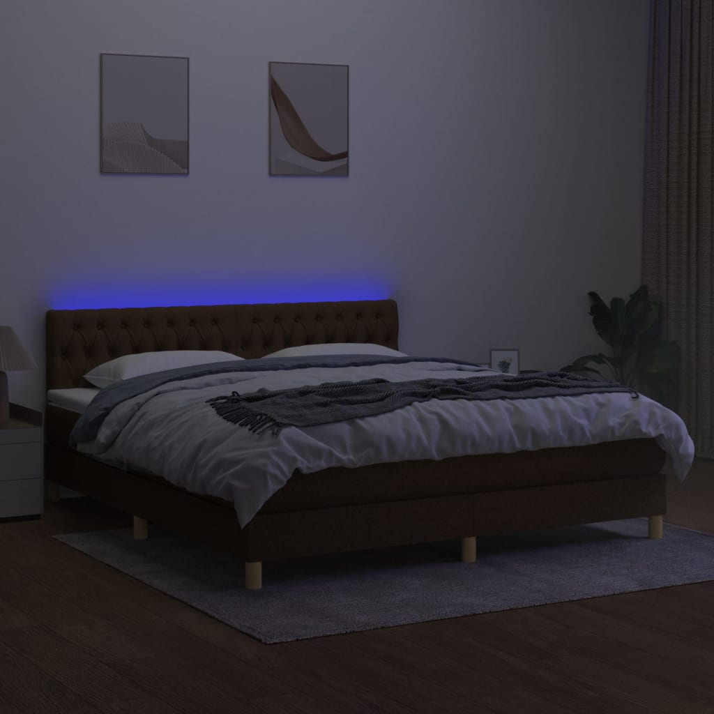 Pat cu arcuri, saltea și LED, maro închis, 160x200 cm, textil GartenMobel Dekor