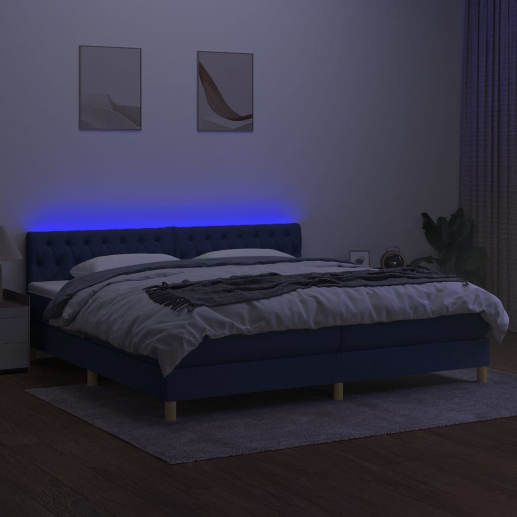 Pat cu arcuri, saltea și LED, albastru, 200x200 cm, textil GartenMobel Dekor
