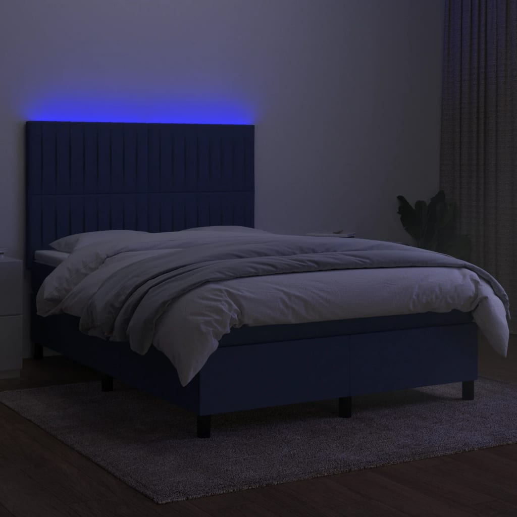 Pat cu arcuri, saltea și LED, albastru, 140x200 cm, textil GartenMobel Dekor
