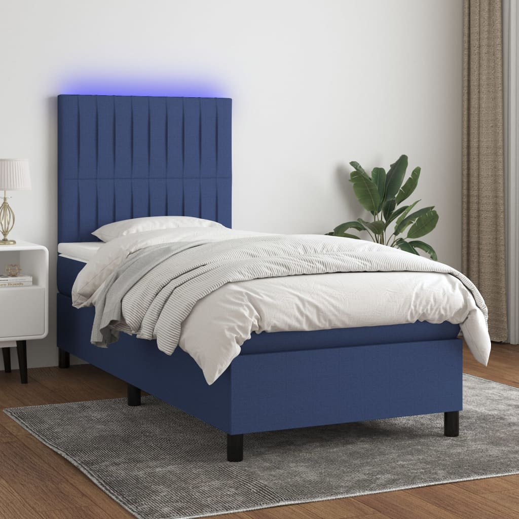Pat cu arcuri, saltea și LED, albastru, 90x190 cm, textil GartenMobel Dekor