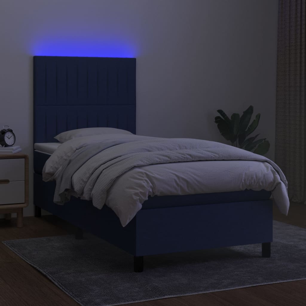 Pat cu arcuri, saltea și LED, albastru, 90x190 cm, textil GartenMobel Dekor