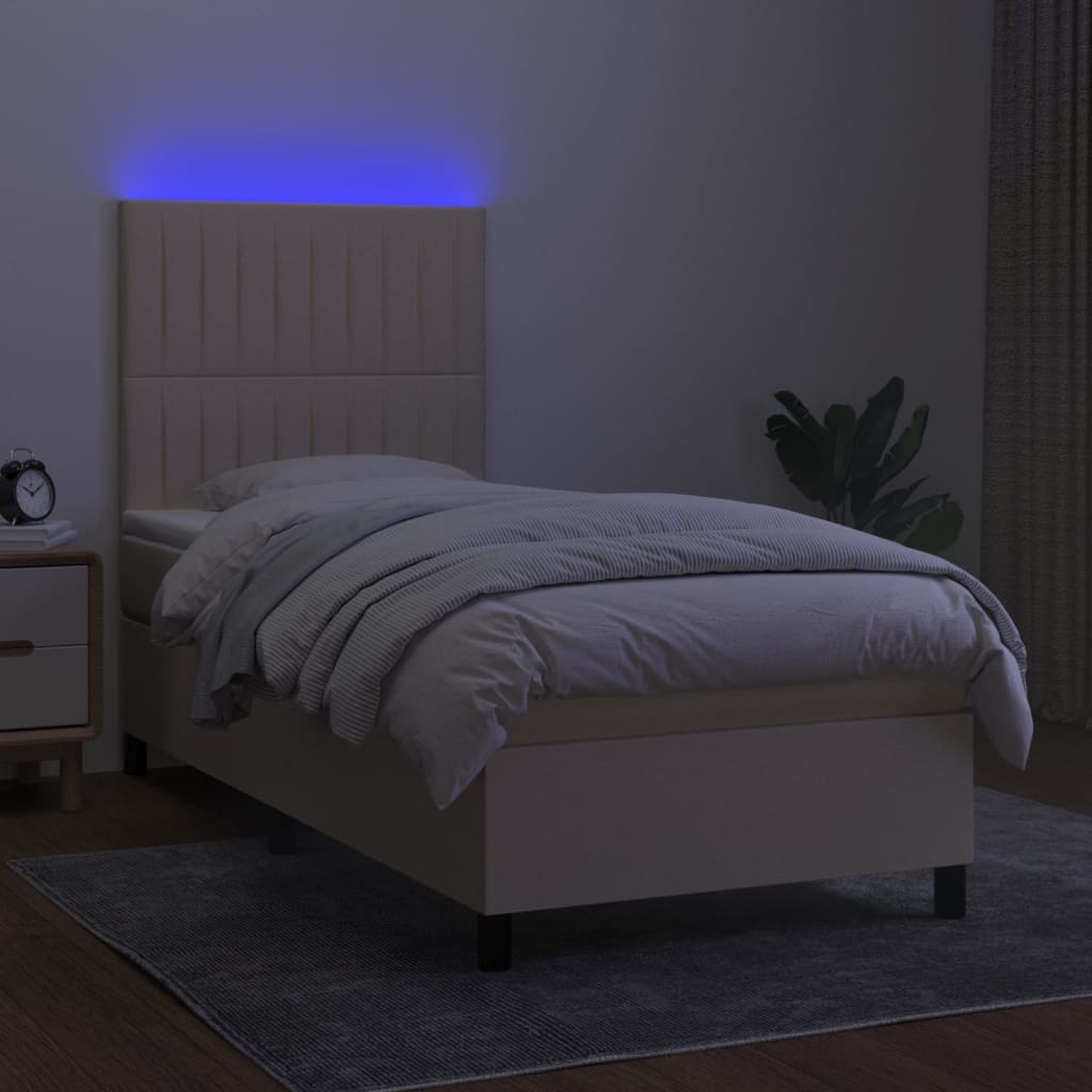 Pat cu arcuri, saltea și LED, crem, 100x200 cm, textil GartenMobel Dekor