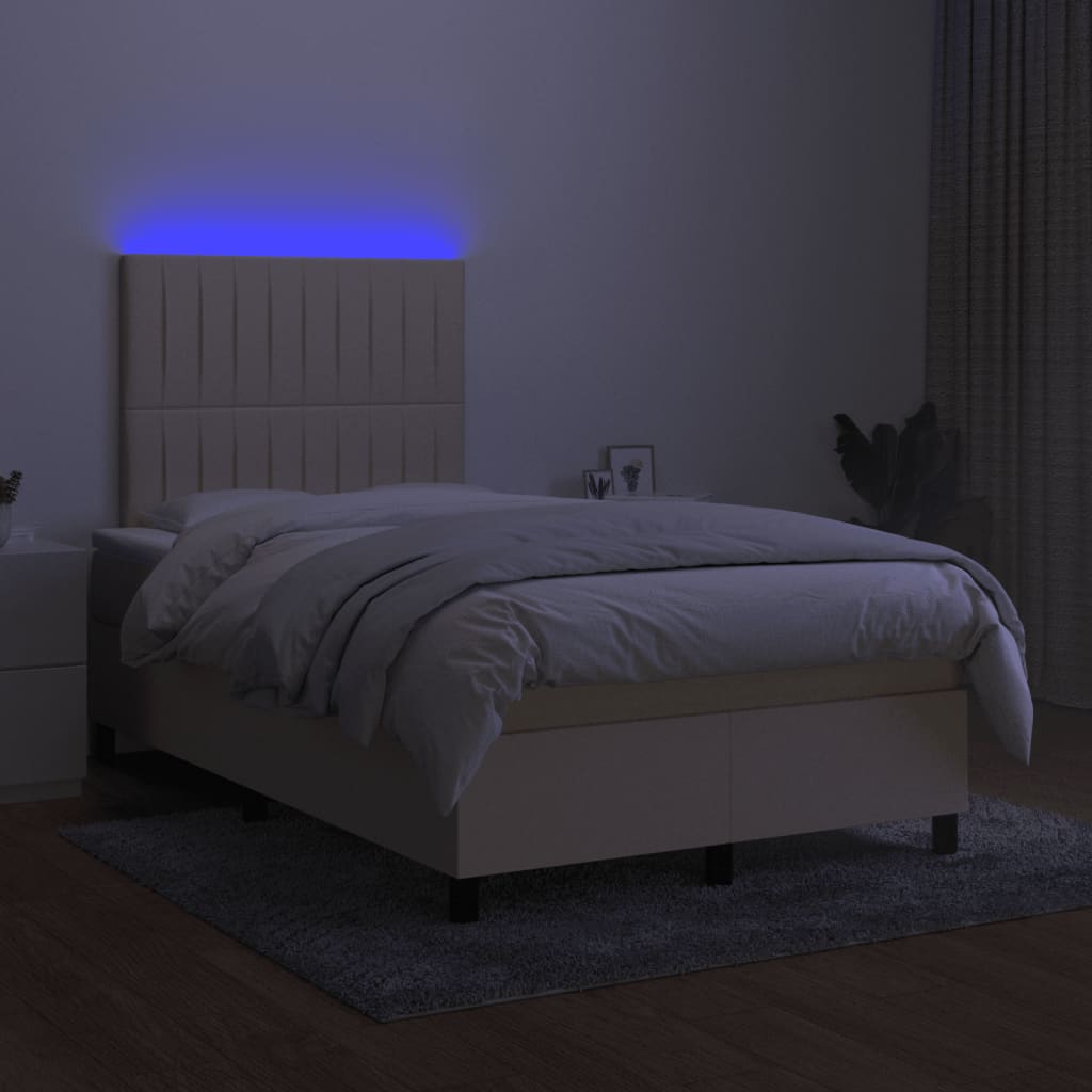 Pat cu arcuri, saltea și LED, crem, 120x200 cm, textil GartenMobel Dekor
