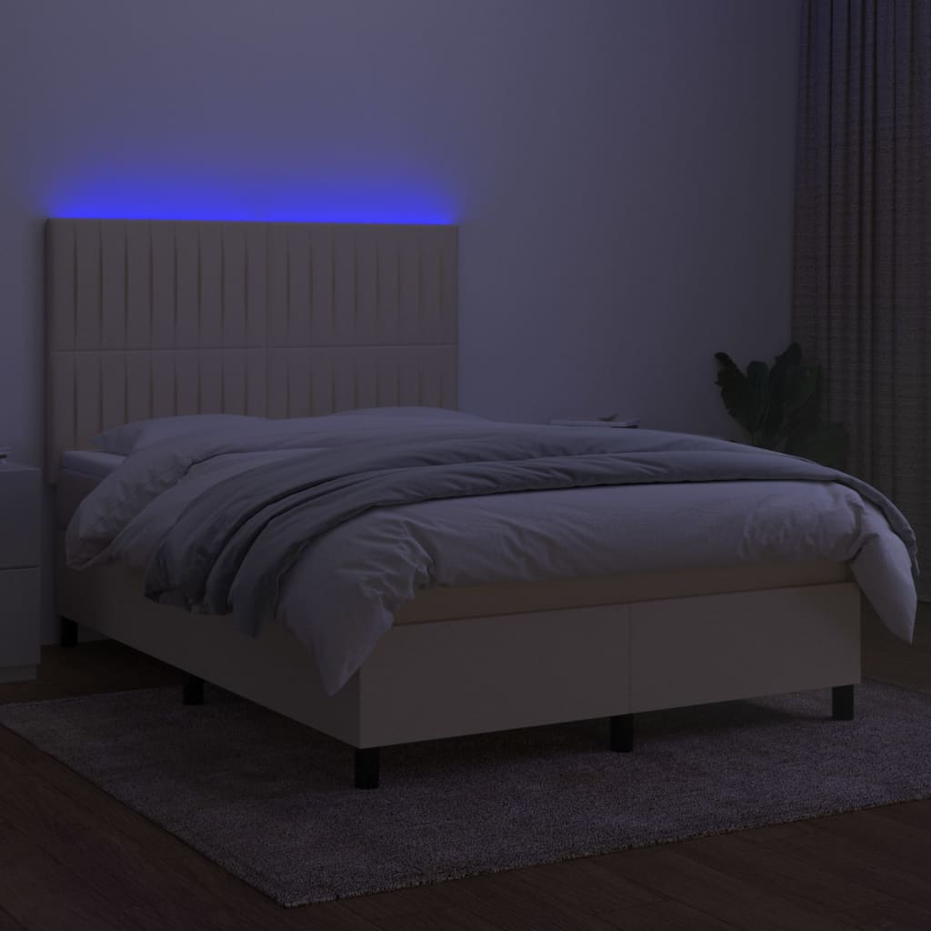 Pat cu arcuri, saltea și LED, crem, 140x200 cm, textil GartenMobel Dekor