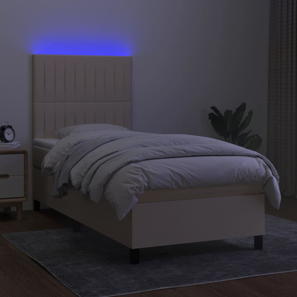 Pat cu arcuri, saltea și LED, crem, 80x200 cm, textil GartenMobel Dekor