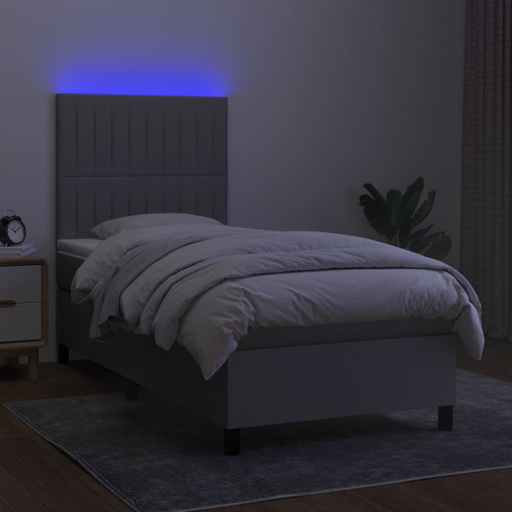 Pat cu arcuri, saltea și LED, gri deschis, 100x200 cm, textil GartenMobel Dekor
