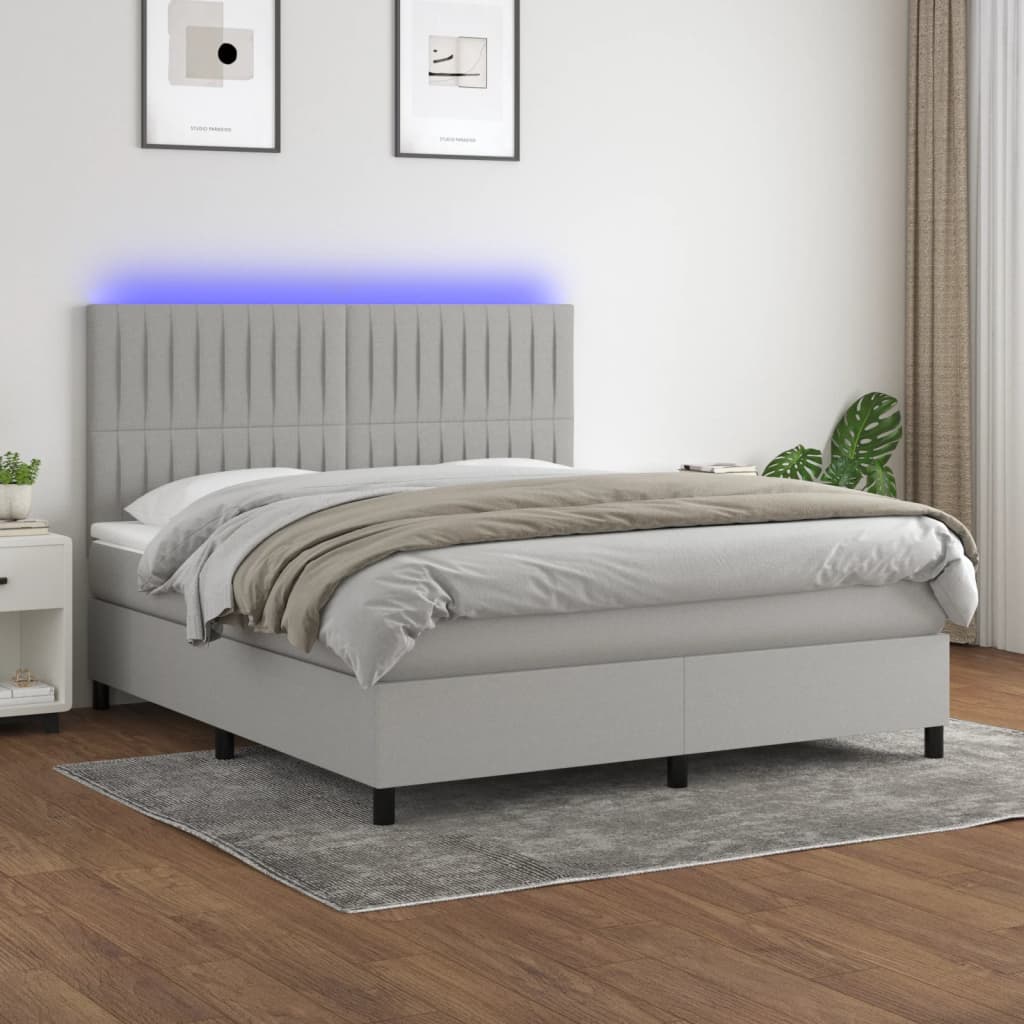 Pat cu arcuri, saltea și LED, gri deschis, 160x200 cm, textil GartenMobel Dekor