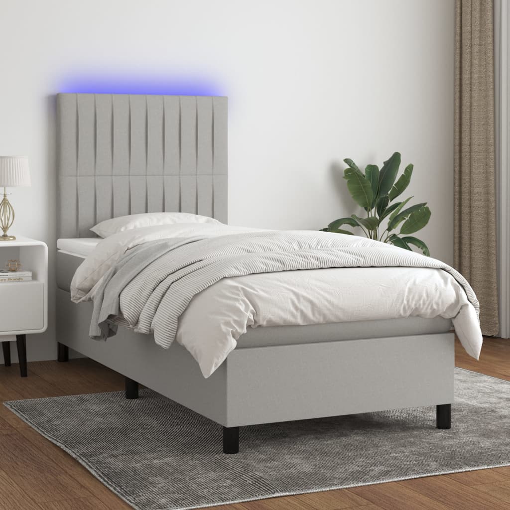 Pat cu arcuri, saltea și LED, gri deschis, 90x200 cm, textil GartenMobel Dekor