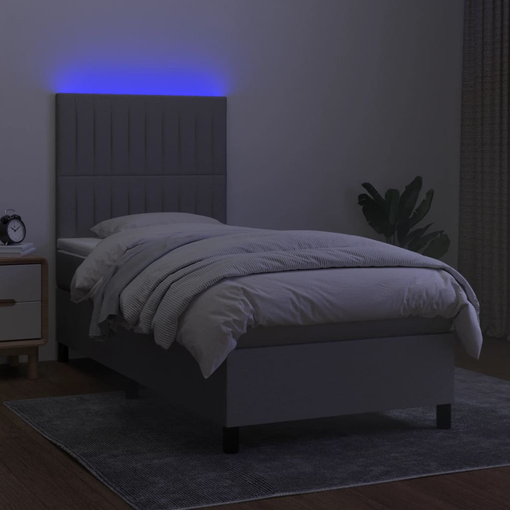 Pat cu arcuri, saltea și LED, gri deschis, 90x200 cm, textil GartenMobel Dekor