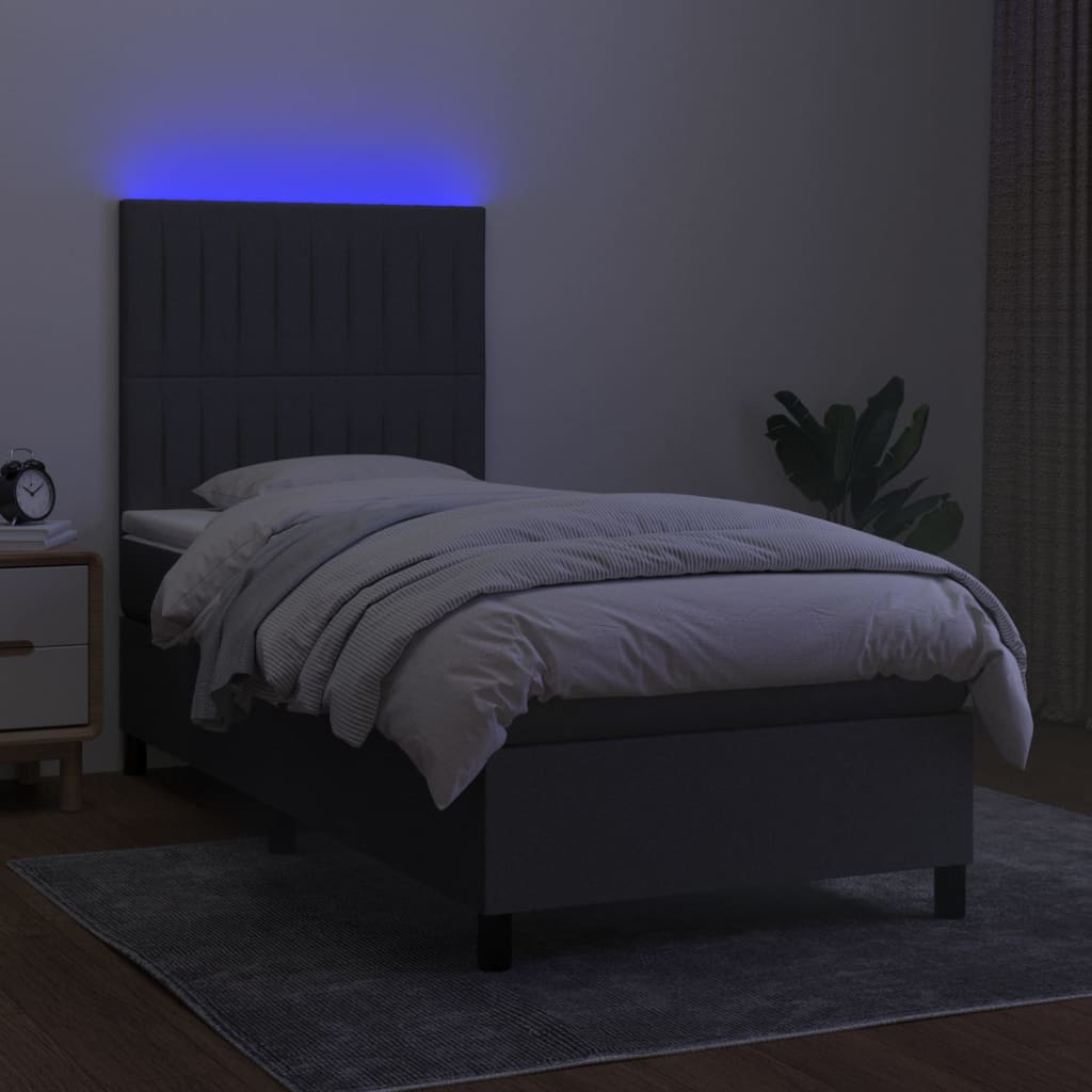 Pat cu arcuri, saltea și LED, gri închis, 100x200 cm, textil GartenMobel Dekor