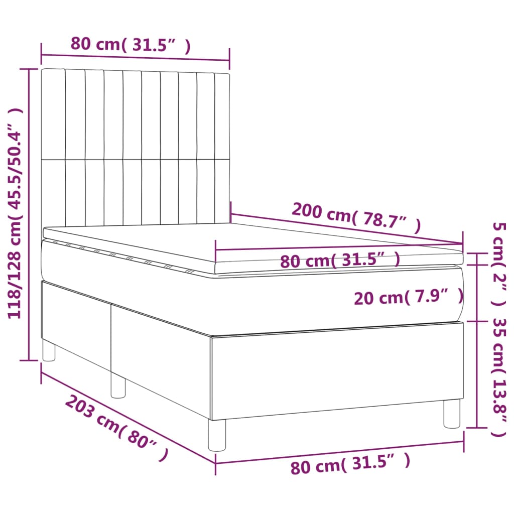 Pat cu arcuri, saltea și LED, gri închis, 80x200 cm, textil GartenMobel Dekor
