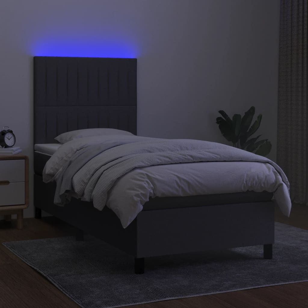 Pat cu arcuri, saltea și LED, gri închis, 90x200 cm, textil GartenMobel Dekor