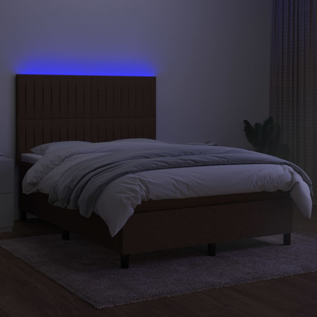 Pat cu arcuri, saltea și LED, maro închis, 140x200 cm, textil GartenMobel Dekor