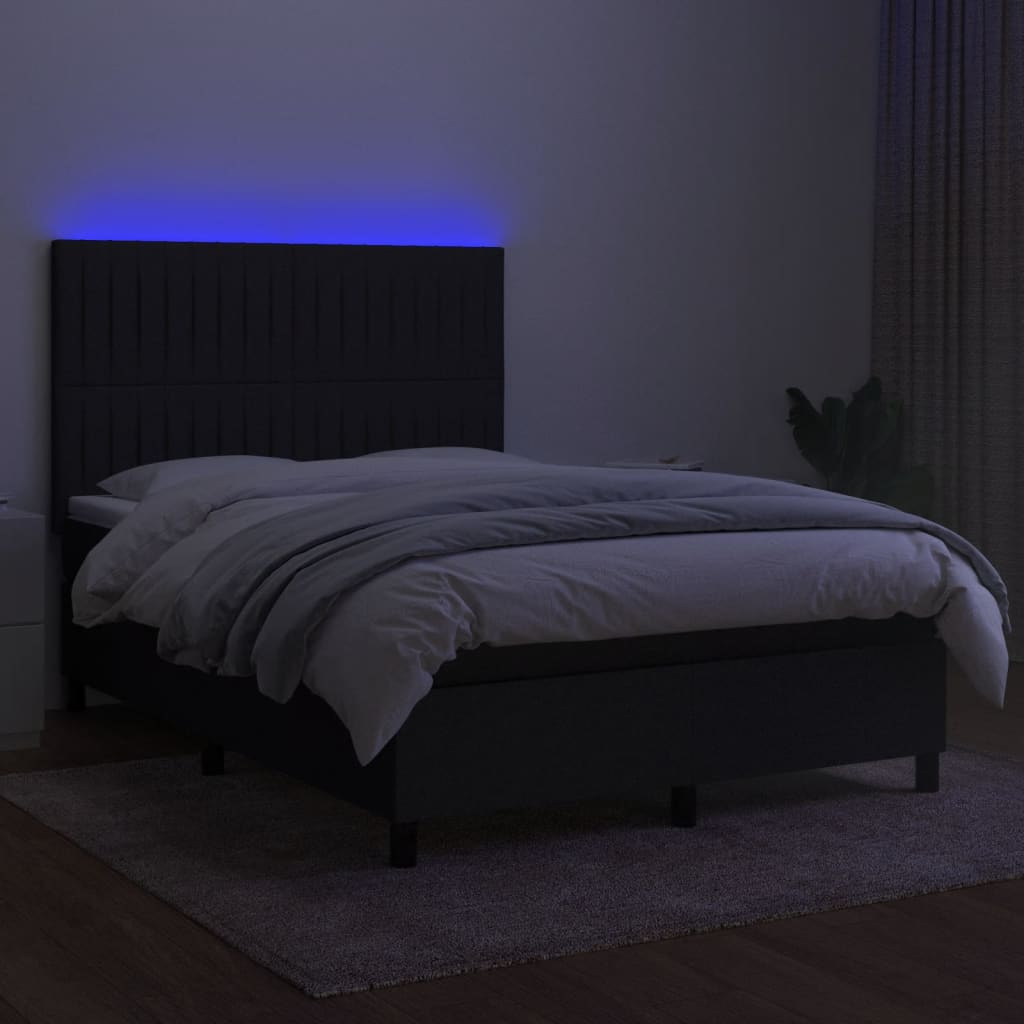 Pat cu arcuri, saltea și LED, negru, 140x200 cm, textil GartenMobel Dekor