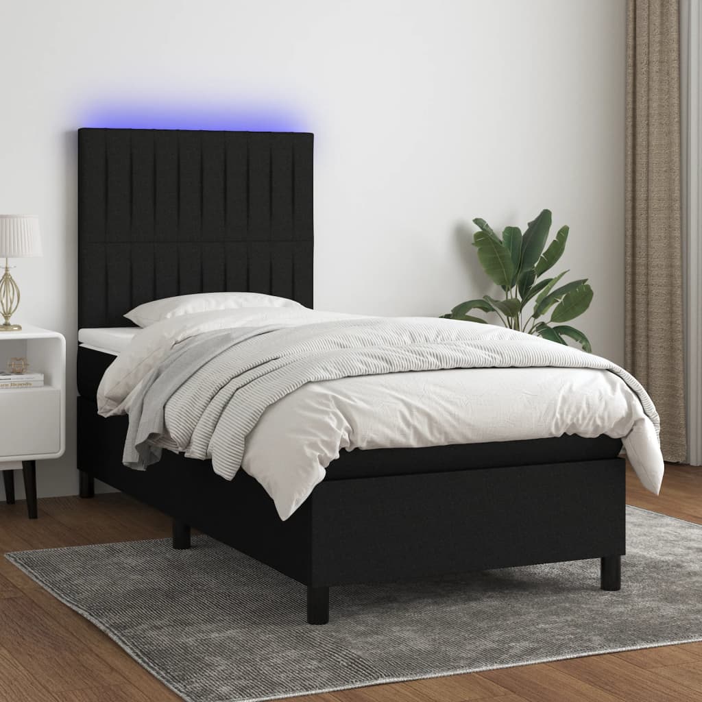 Pat cu arcuri, saltea și LED, negru, 90x200 cm, textil GartenMobel Dekor