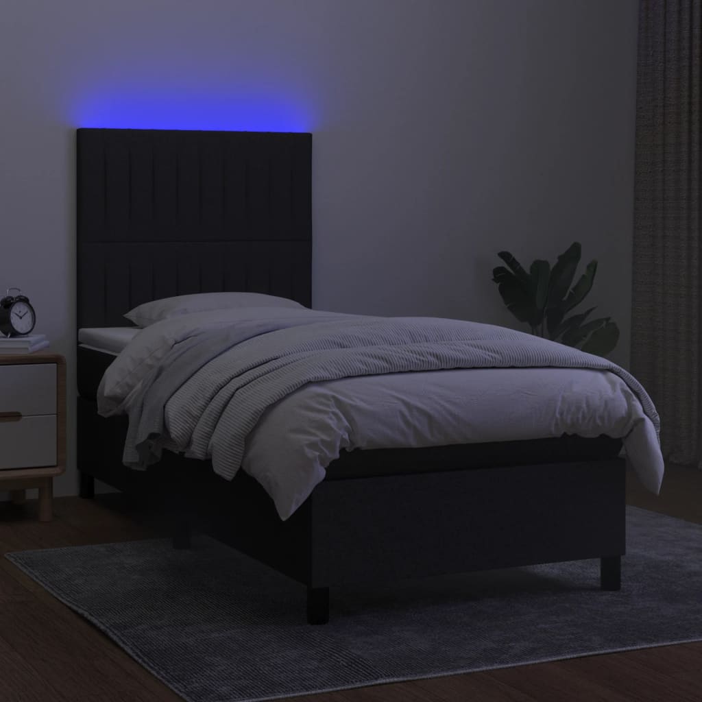 Pat cu arcuri, saltea și LED, negru, 90x200 cm, textil GartenMobel Dekor