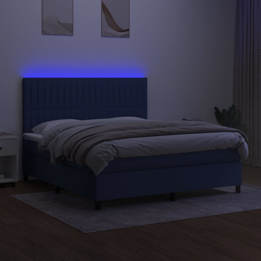Pat cu arcuri, saltea și LED, albastru, 160x200 cm, textil GartenMobel Dekor