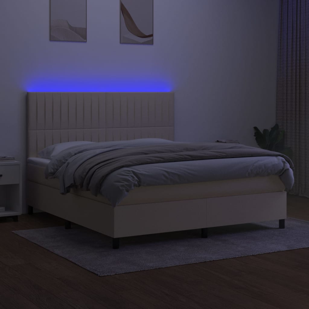 Pat cu arcuri, saltea și LED, crem, 160x200 cm, textil GartenMobel Dekor