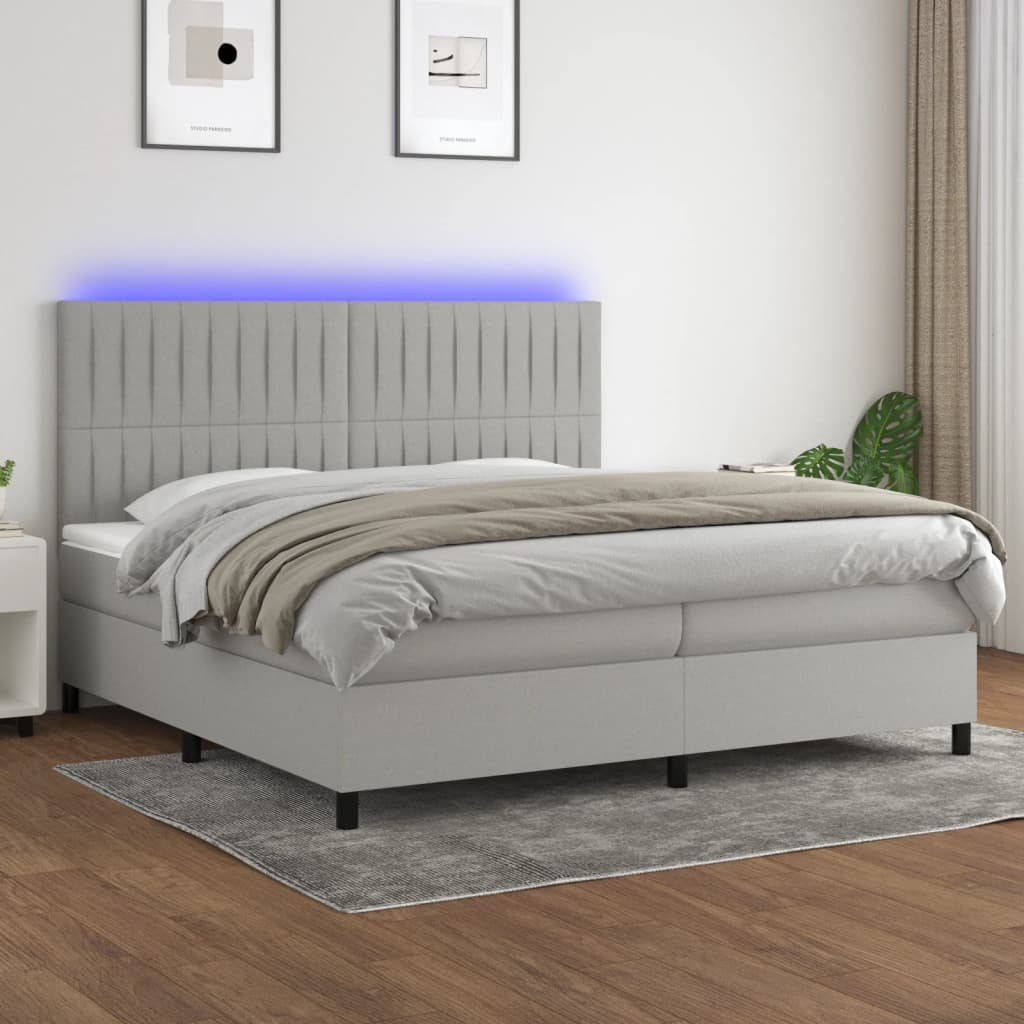Pat cu arcuri, saltea și LED, gri deschis, 200x200 cm, textil GartenMobel Dekor